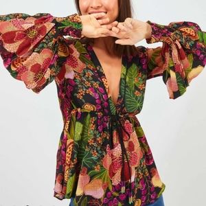 Farm Rio | Black Fruit Floral Tassel Blouse Large